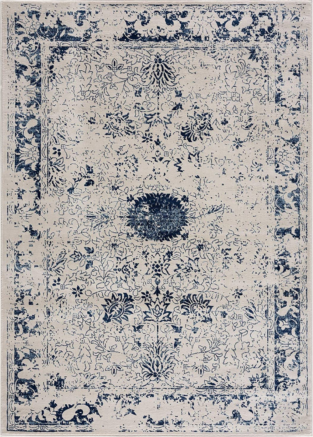 Naveen Floral Medallion Contemporary Navy Blue and Cream Indoor Rug