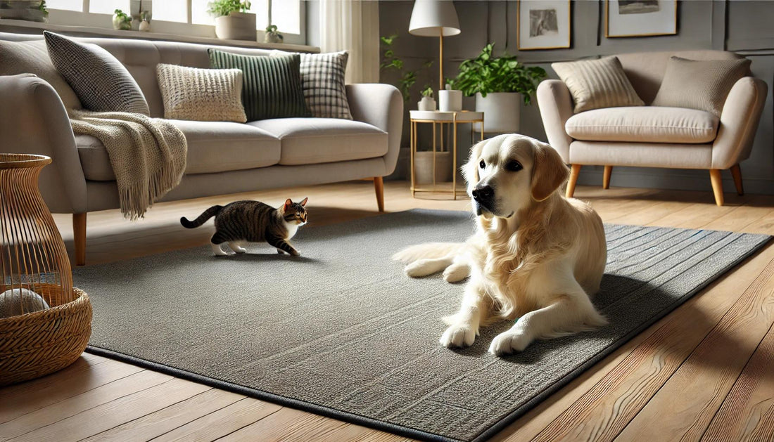 a cat and a dog sitting on the rug
