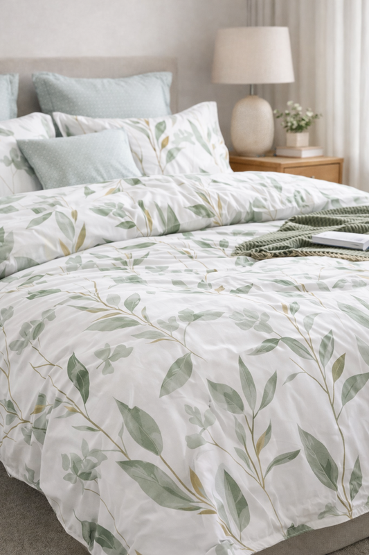 100% Cotton White and Green Duvet Cover Set