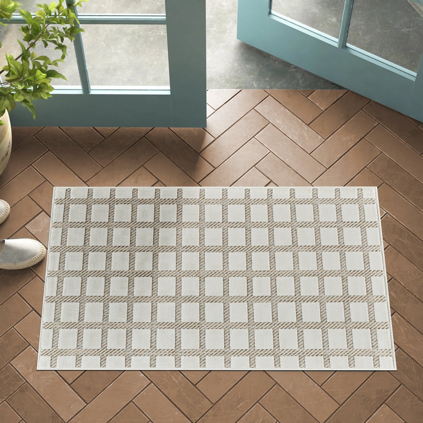 Tapis beige moderne à carreaux Maise