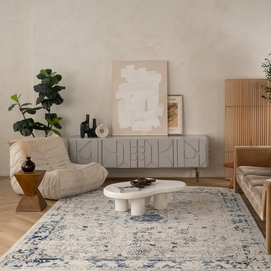 Tapis bleu contemporain transitionnel Havana