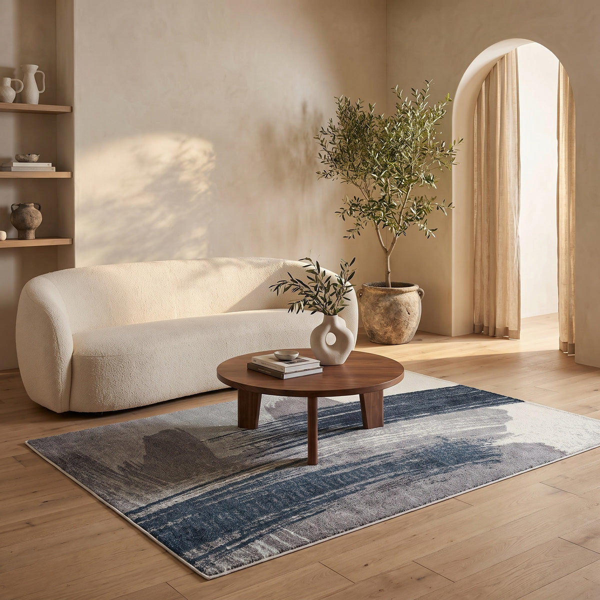Tapis Rivah abstrait contemporain bleu et blanc