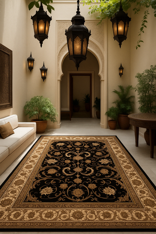 Tapis noir traditionnel persan majestueux