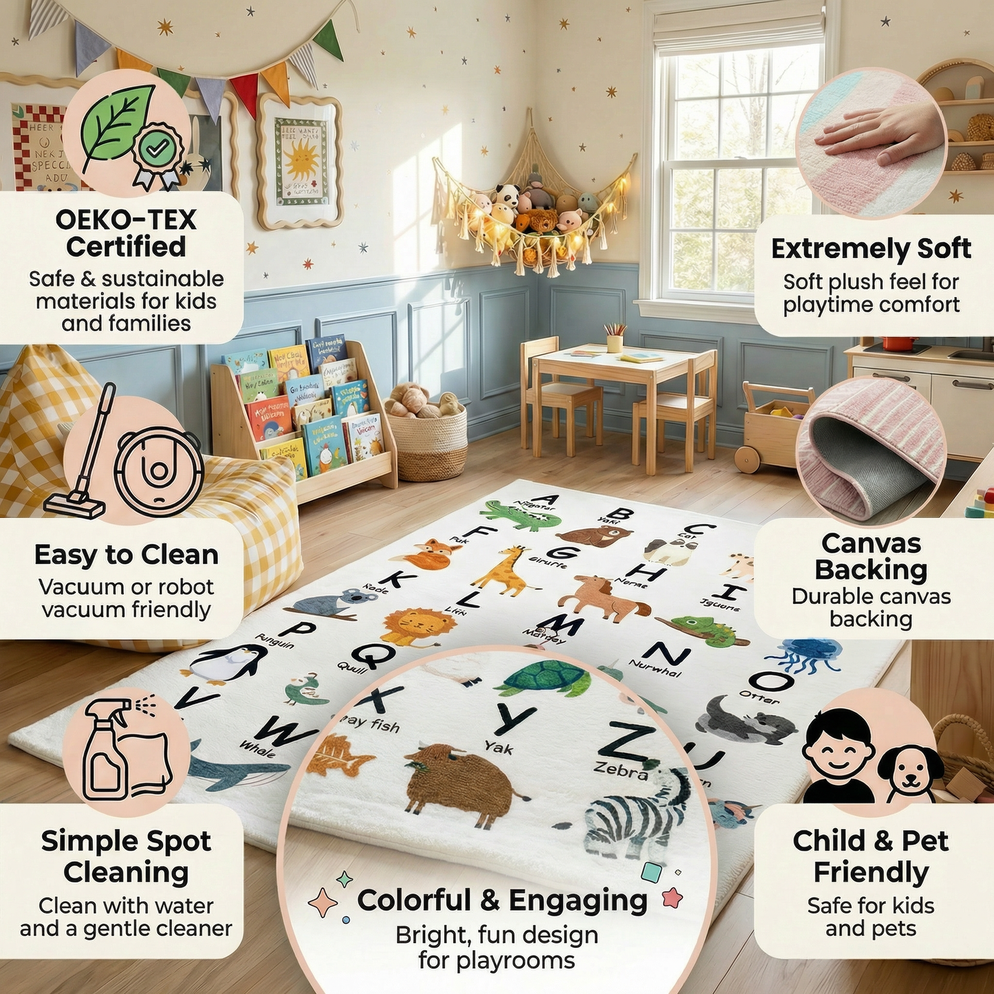 Tapete de juego con alfabeto de animales Soft Steps, alfombra blanca suave para aprendizaje educativo