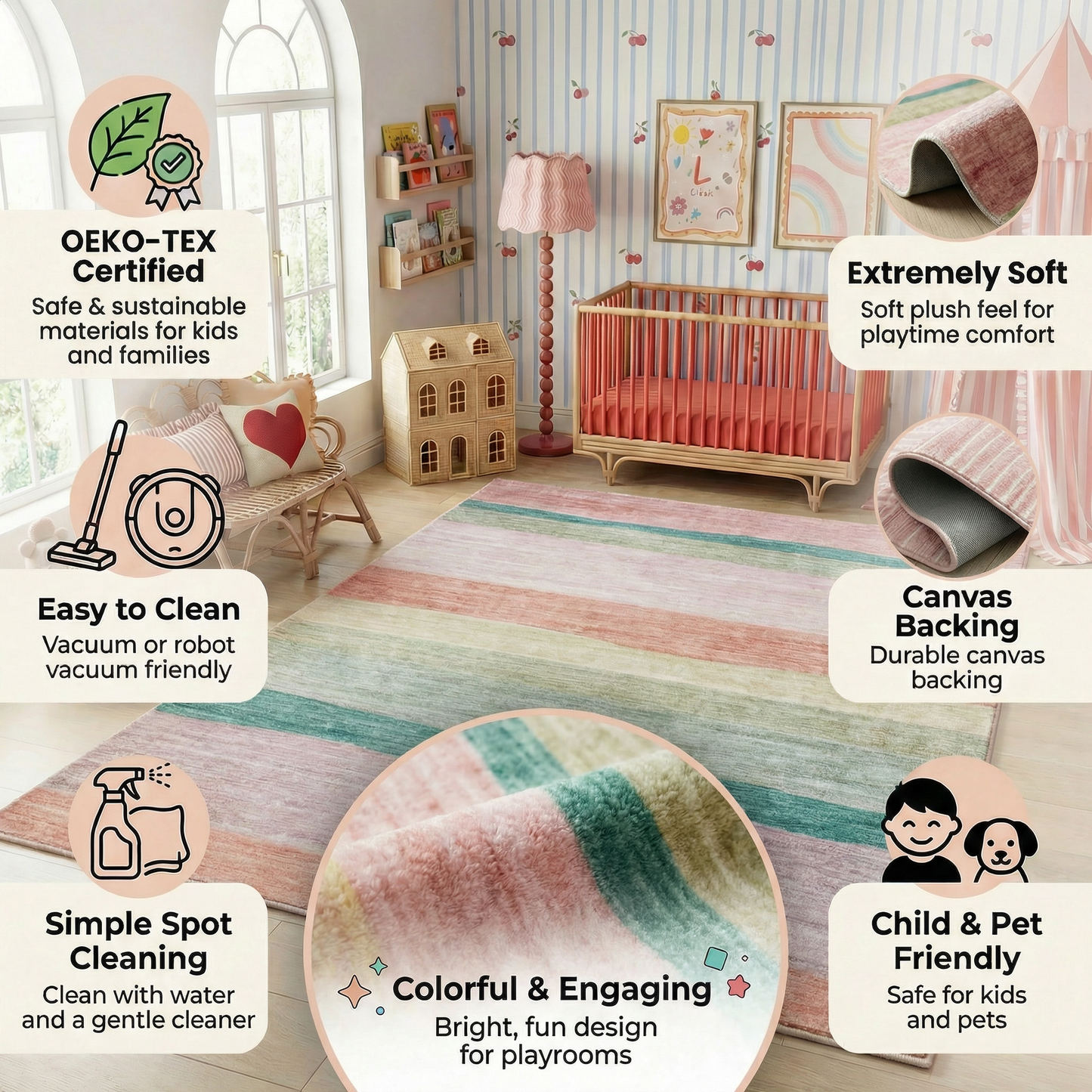 Tapis de jeu arc-en-ciel coloré Soft Steps Playtime, tapis doux rose