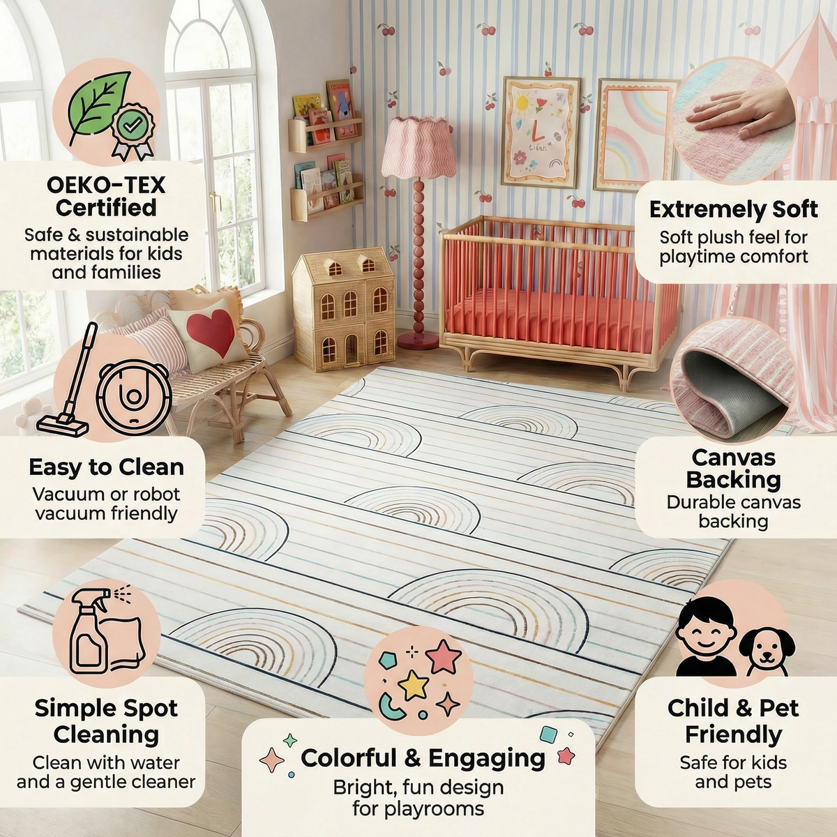 Tapis de jeu arc-en-ciel coloré rayé Soft Steps Playtime, tapis doux bleu