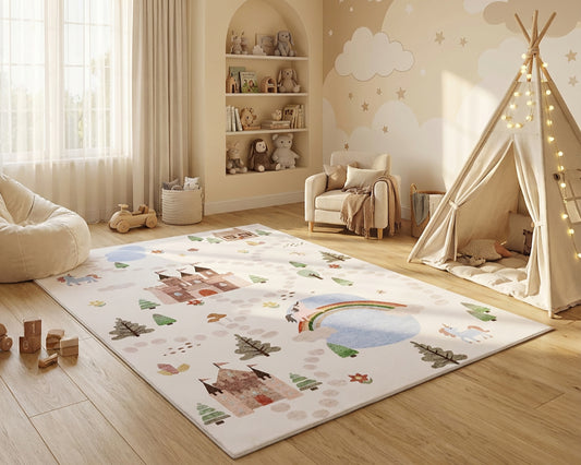 Tapete educativo blanco suave de Soft Steps con unicornios, castillo y mapa de carreteras