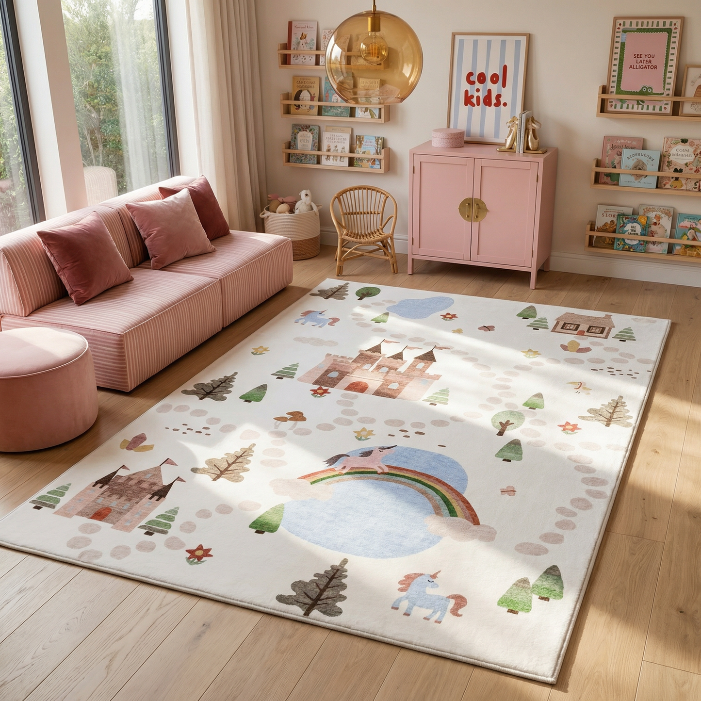 Everly Unicorn Castle White and Blue Fantasy Kids Area Rug
