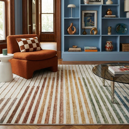 Elias Abstract Striped Contemporary White and Beige Indoor Rug-2