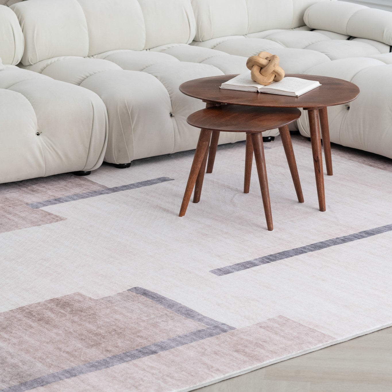 Tapis beige géométrique moderne du milieu du siècle Eclipse