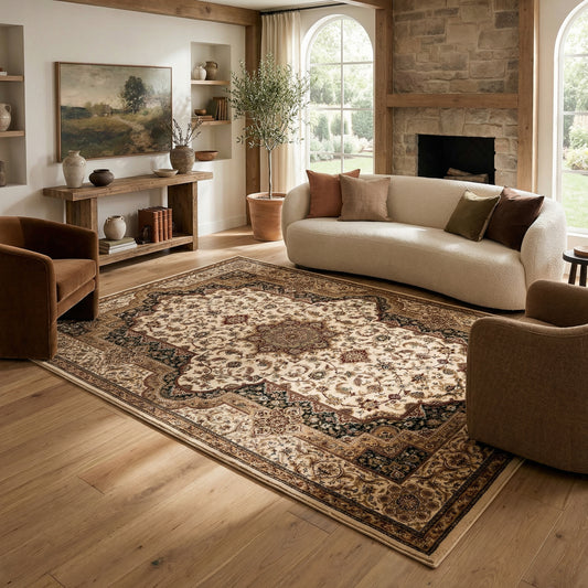 Hadi Persian Medallion Traditional Cream and Black Indoor Rug