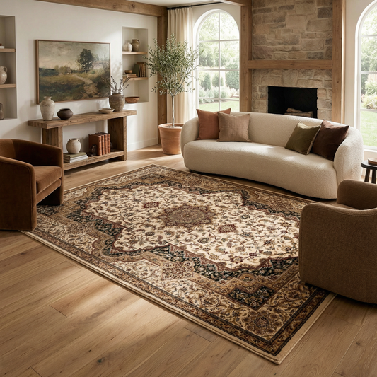 Hadi Persian Medallion Traditional Cream and Black Indoor Rug-1