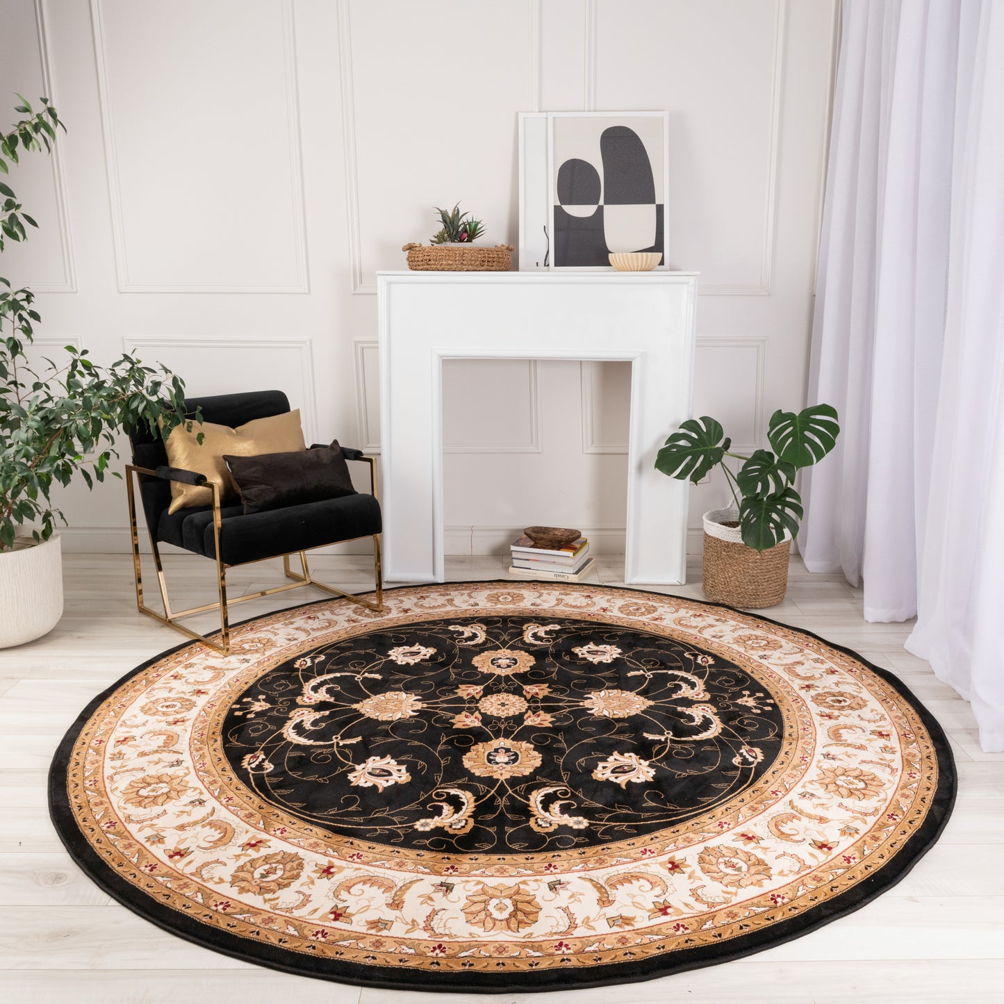 Tapis noir traditionnel persan majestueux