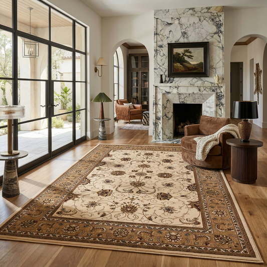 Tapis persan traditionnel beige majestueux