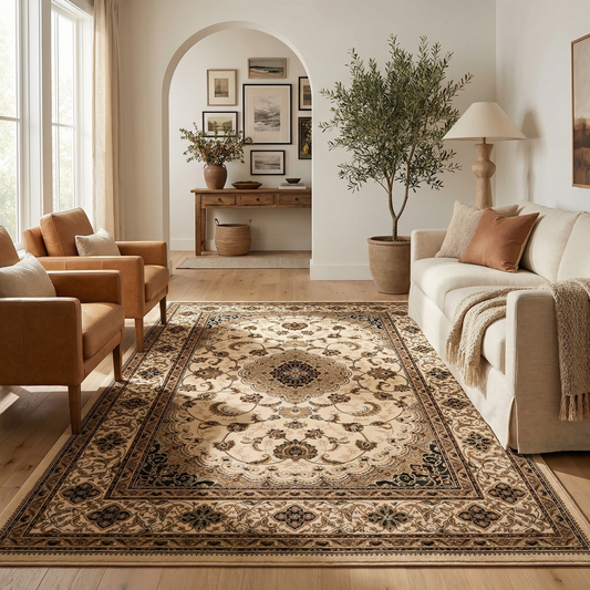 Tapis persan traditionnel beige majestueux