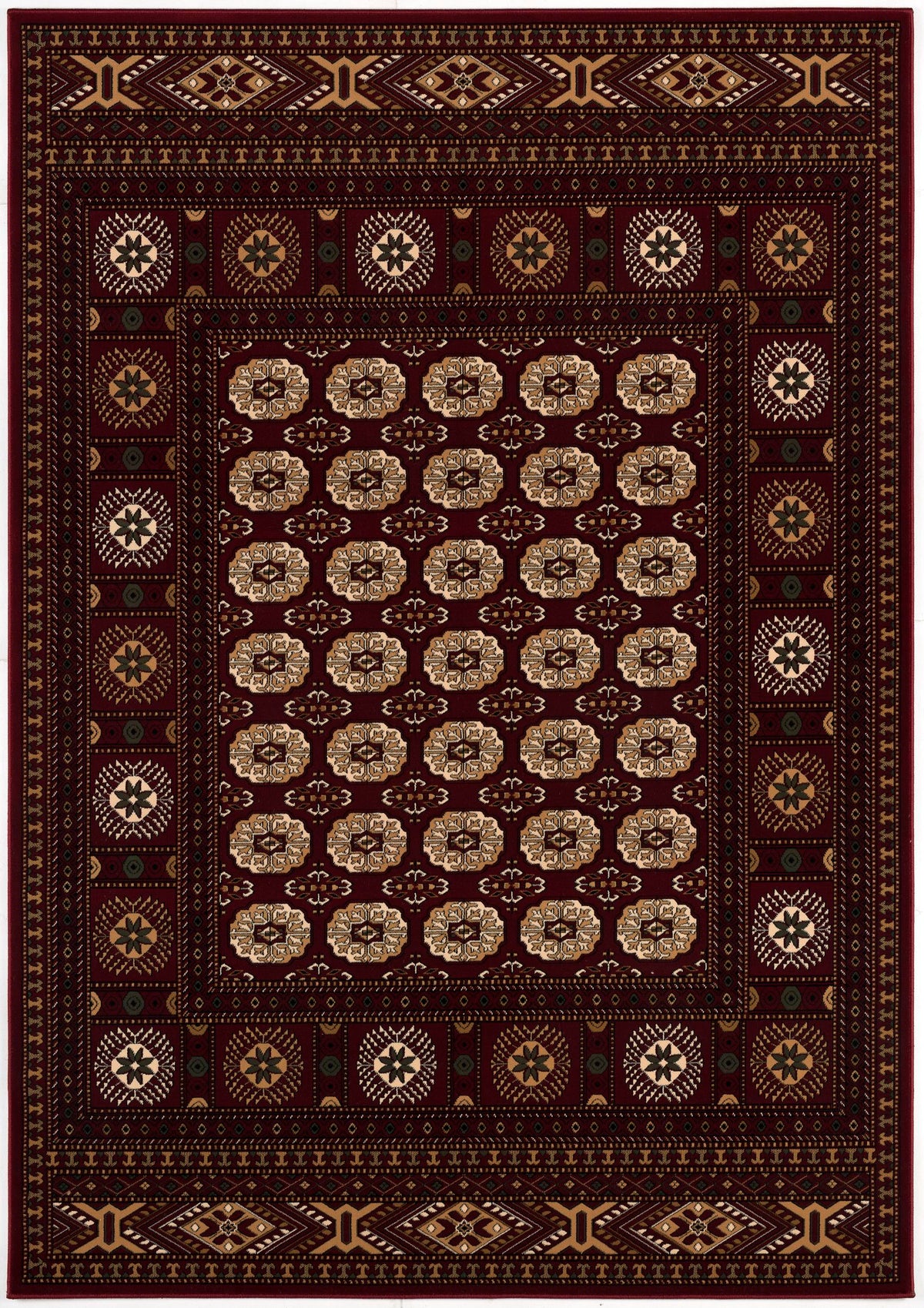 Alfombra de interior tradicional Rawda Oriental Bokhara roja y beige