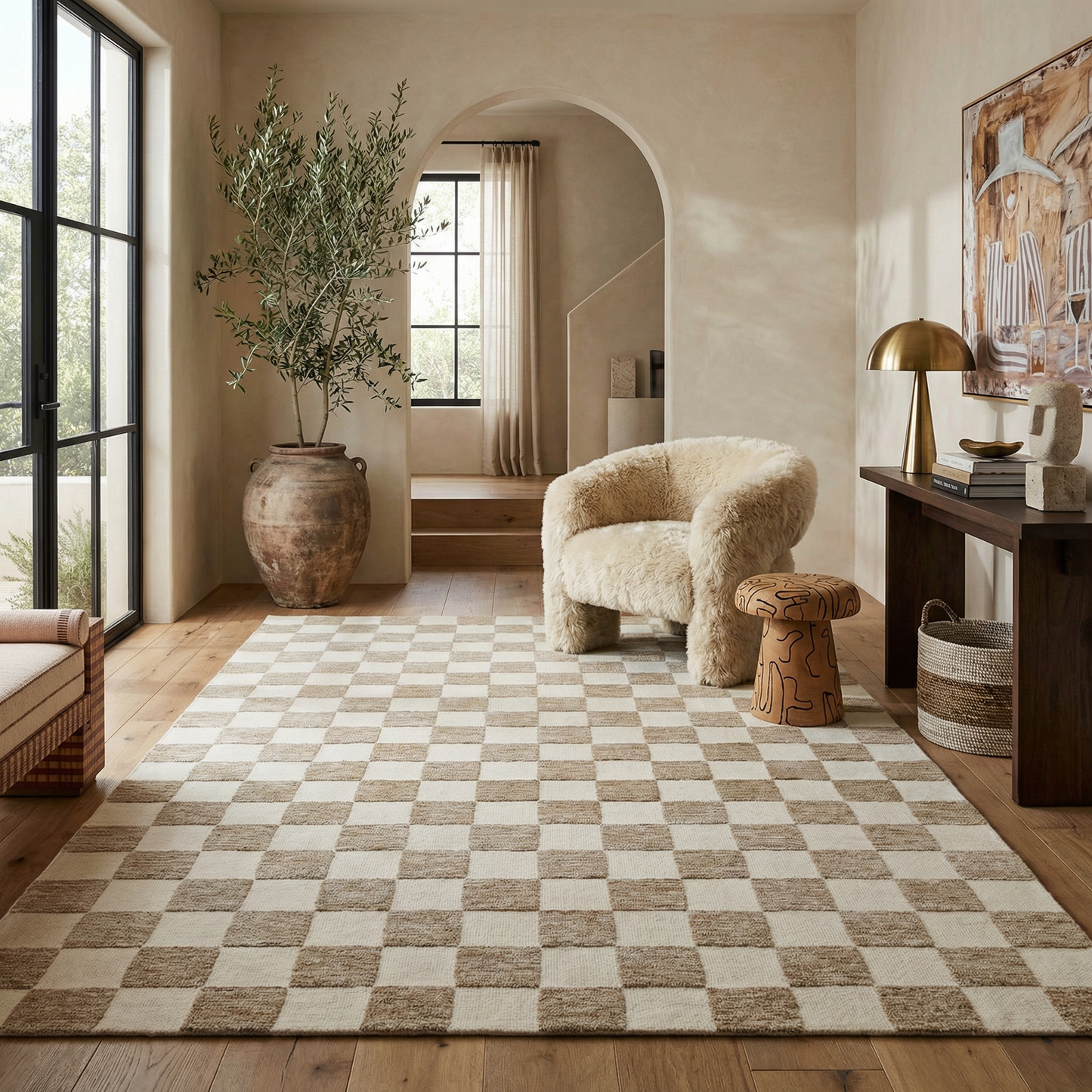 Alfombra moderna Maya a cuadros beige