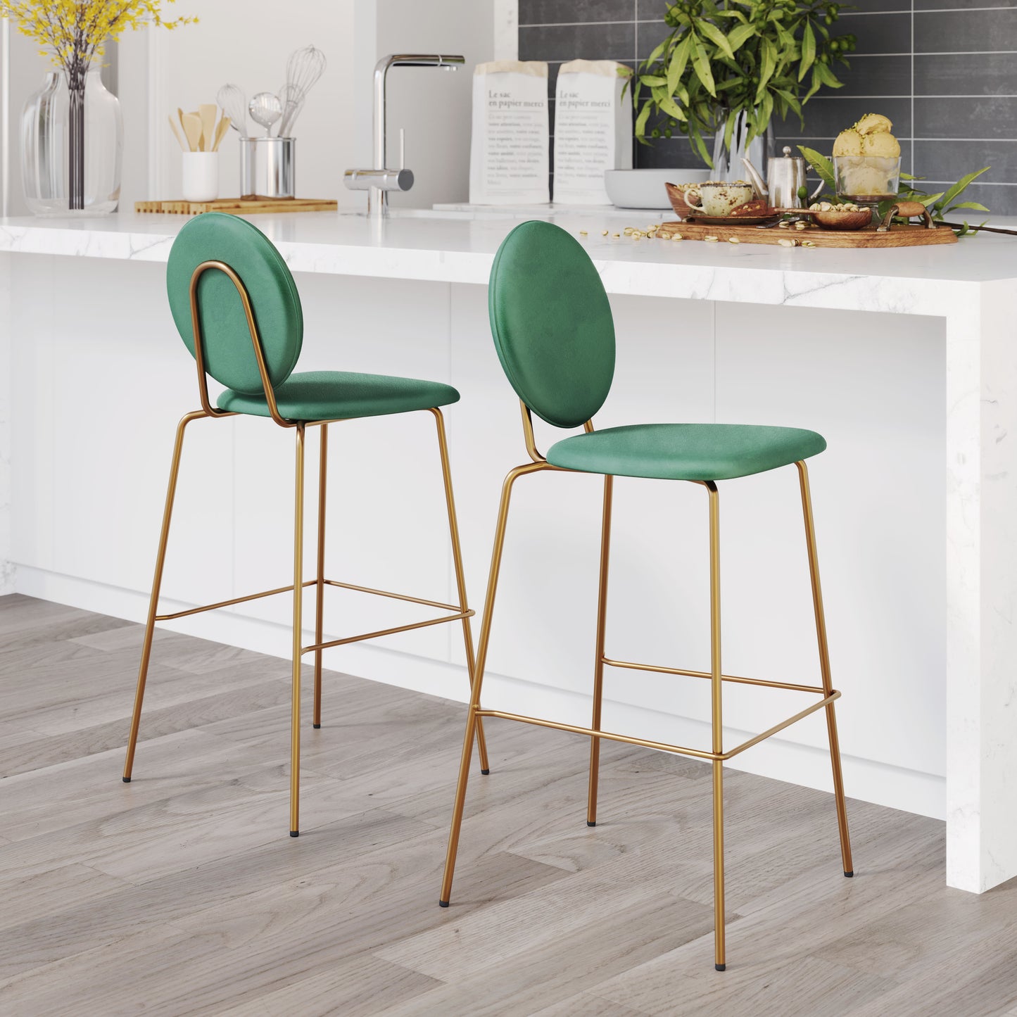 Juego de 2 taburetes de bar en verde y dorado: calidad superior y diseño elegante para tu hogar.