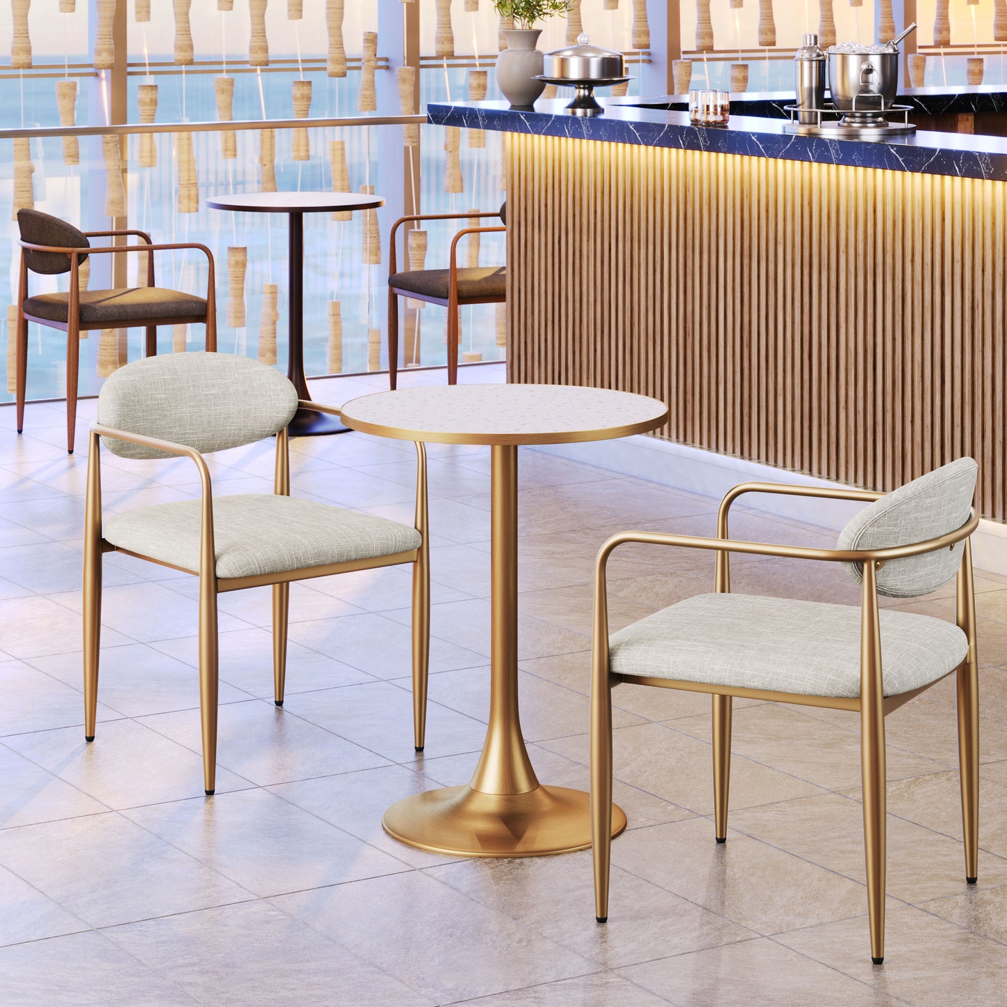 Mesa de bistró beige y dorada: mesa de comedor elegante y duradera para espacios con estilo