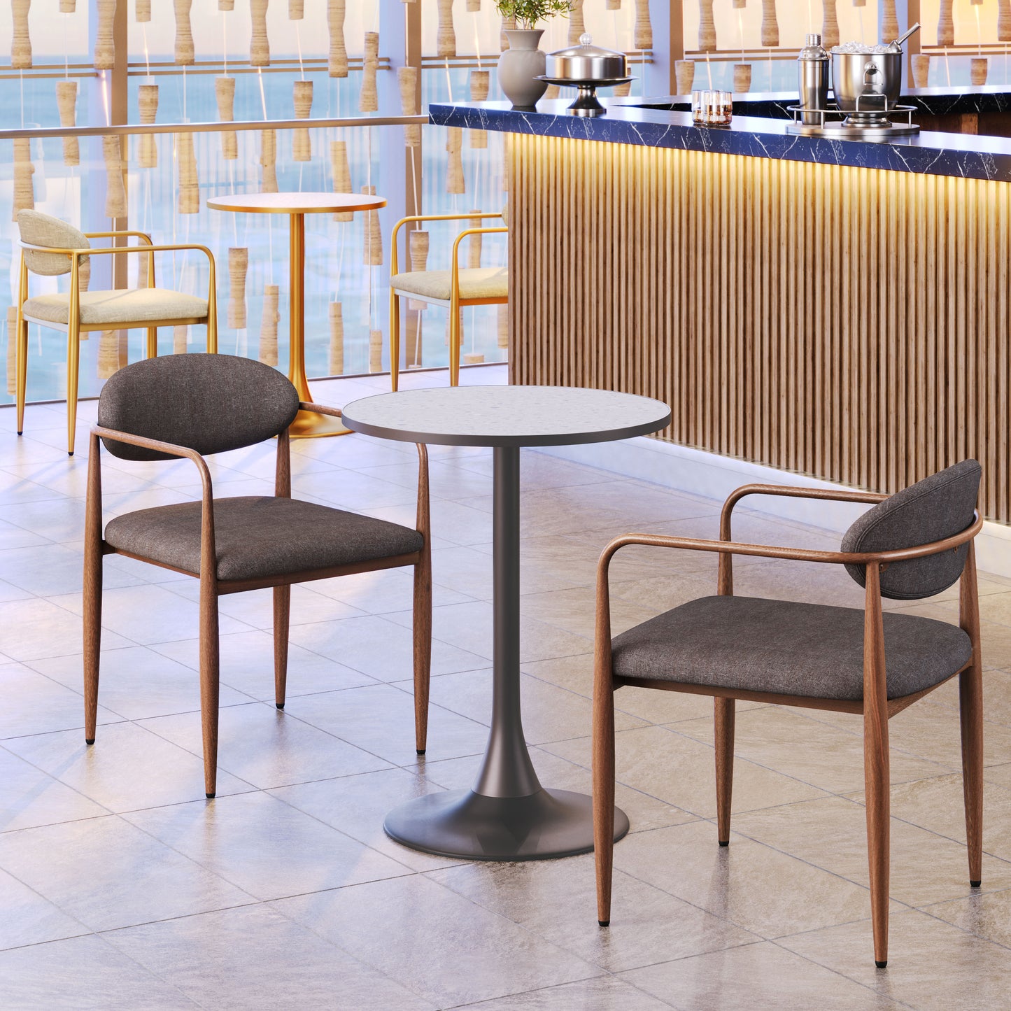 Mesa de bistró gris y bronce: mesa de comedor elegante y duradera para espacios con estilo