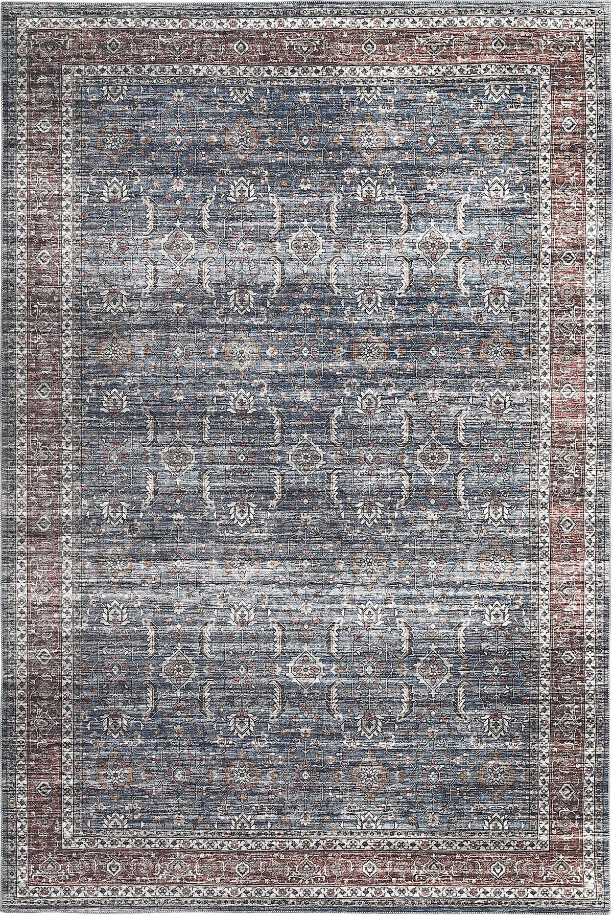 Alfombra de interior tradicional azul y marrón con diseño floral persa Basima
