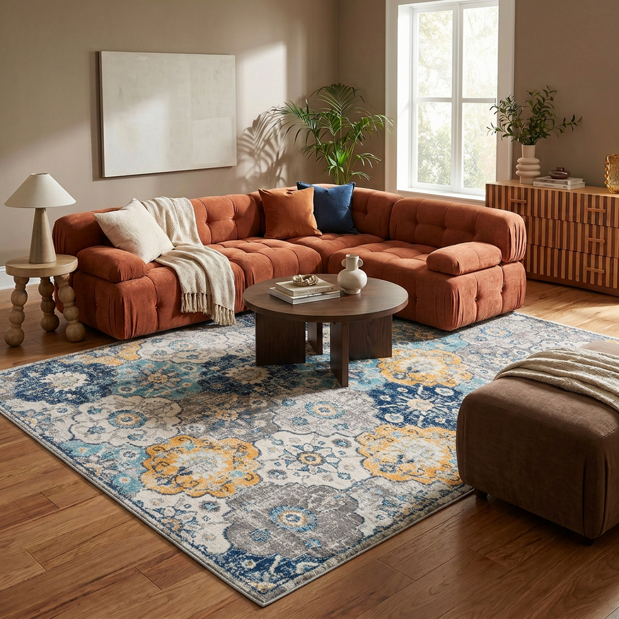 Valencia Vintage Floral Contemporary Blue and Grey Indoor Rug