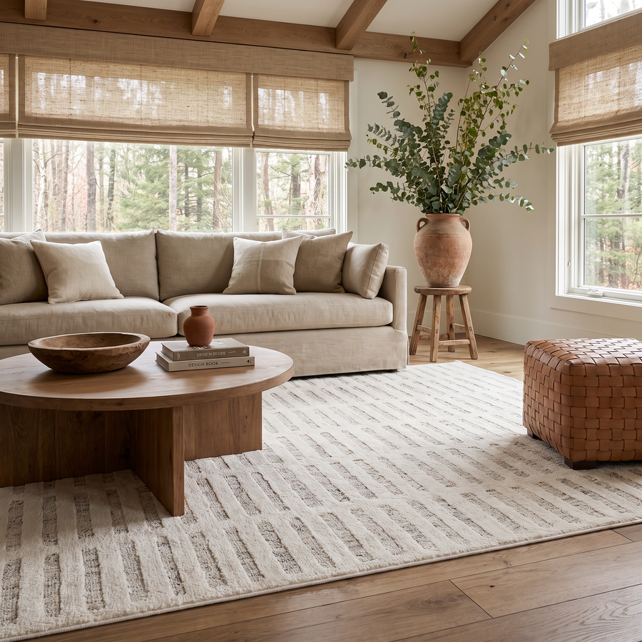 Aino Striped Grid Contemporary Beige and Cream Indoor Rug