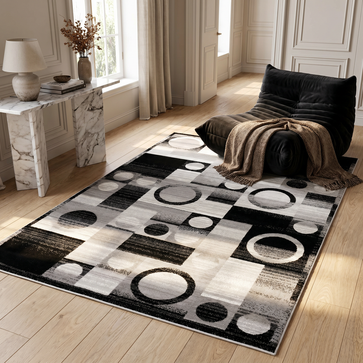 Alfombra de interior Zamani geométrica contemporánea negra y gris