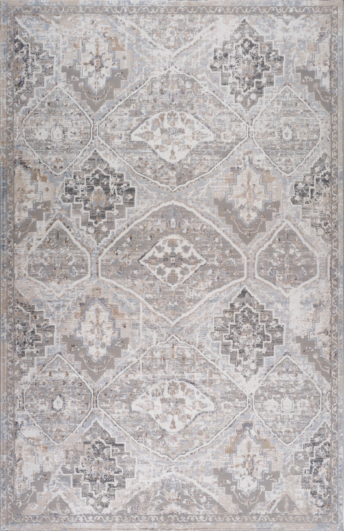 Tapis Sukoon à losanges à médaillon traditionnel gris et beige
