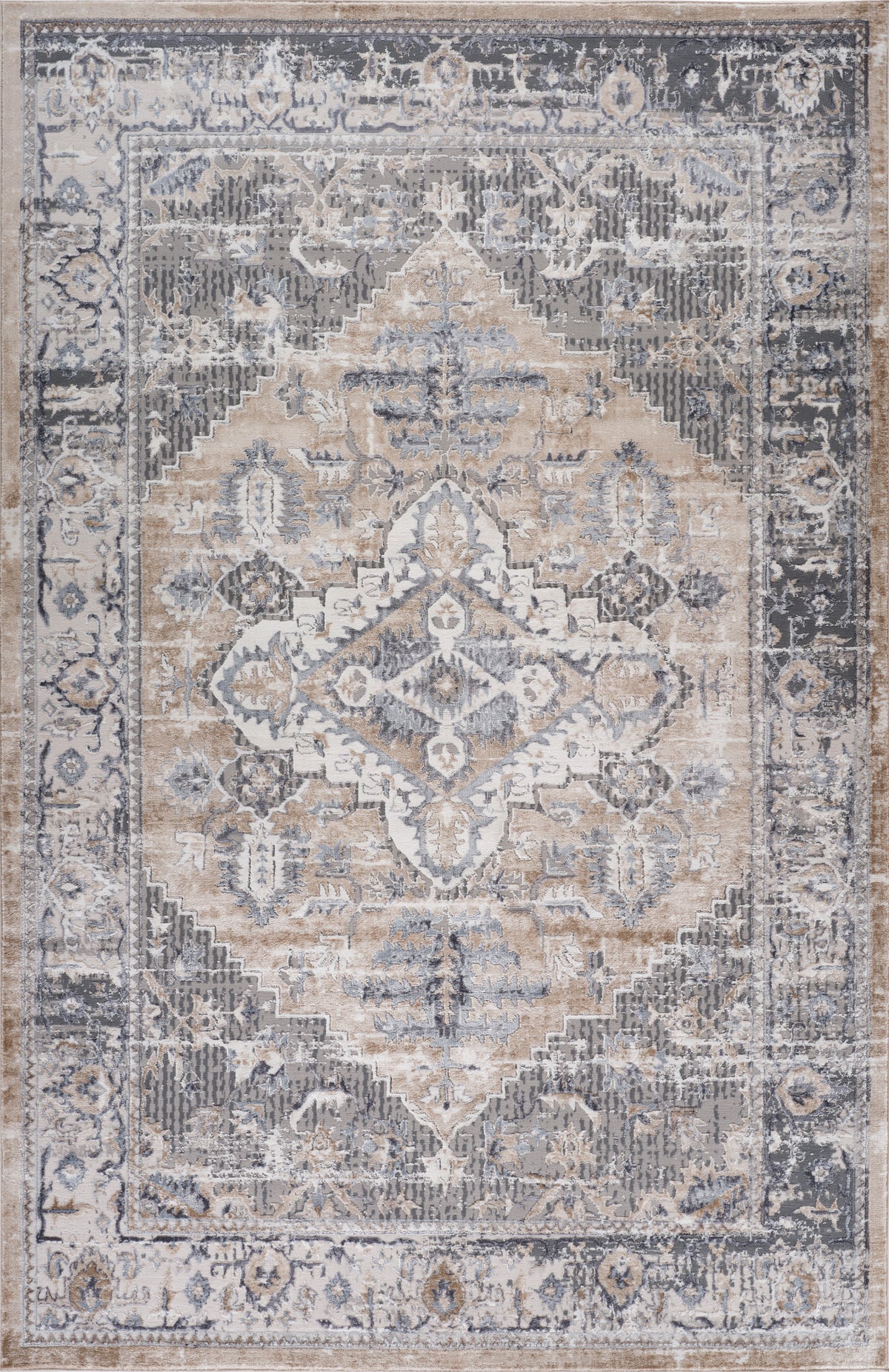 Tapis Aman vieilli à médaillon traditionnel marron et gris
