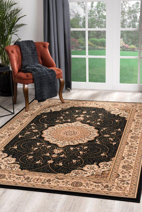 Majestuosa alfombra tradicional persa negra
