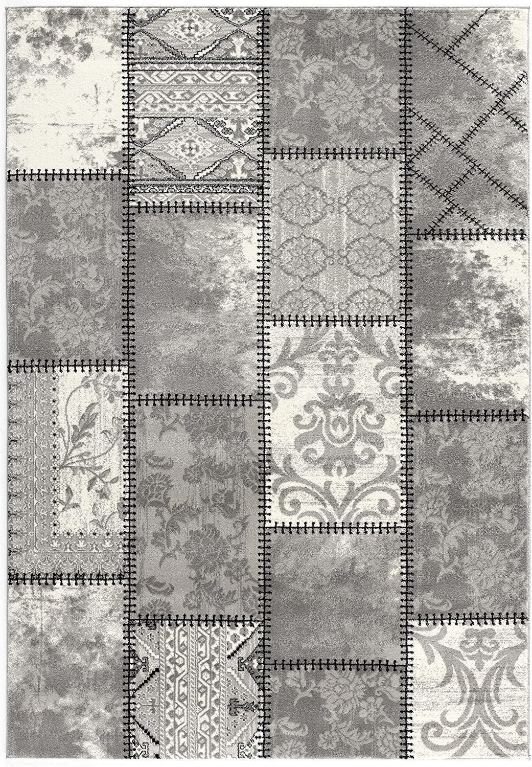 Vastra Patchwork Contemporary Grey and Beige Indoor Rug