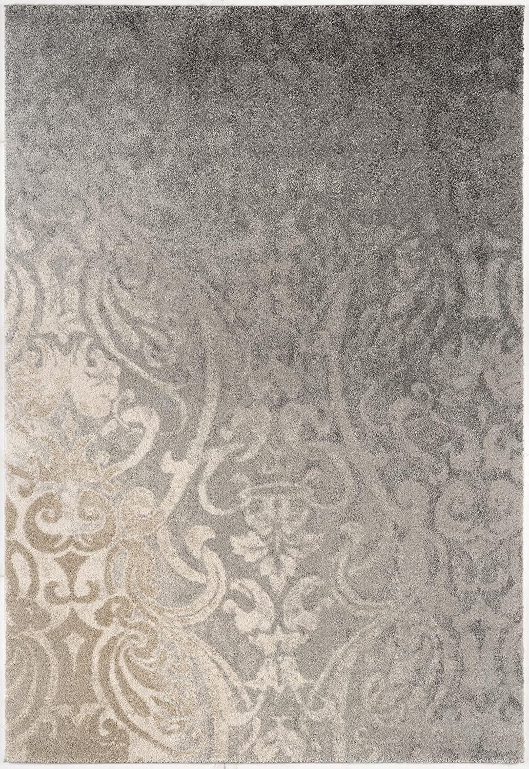 Adrian Distressed Damask Transitional Grey and Beige Indoor Rug