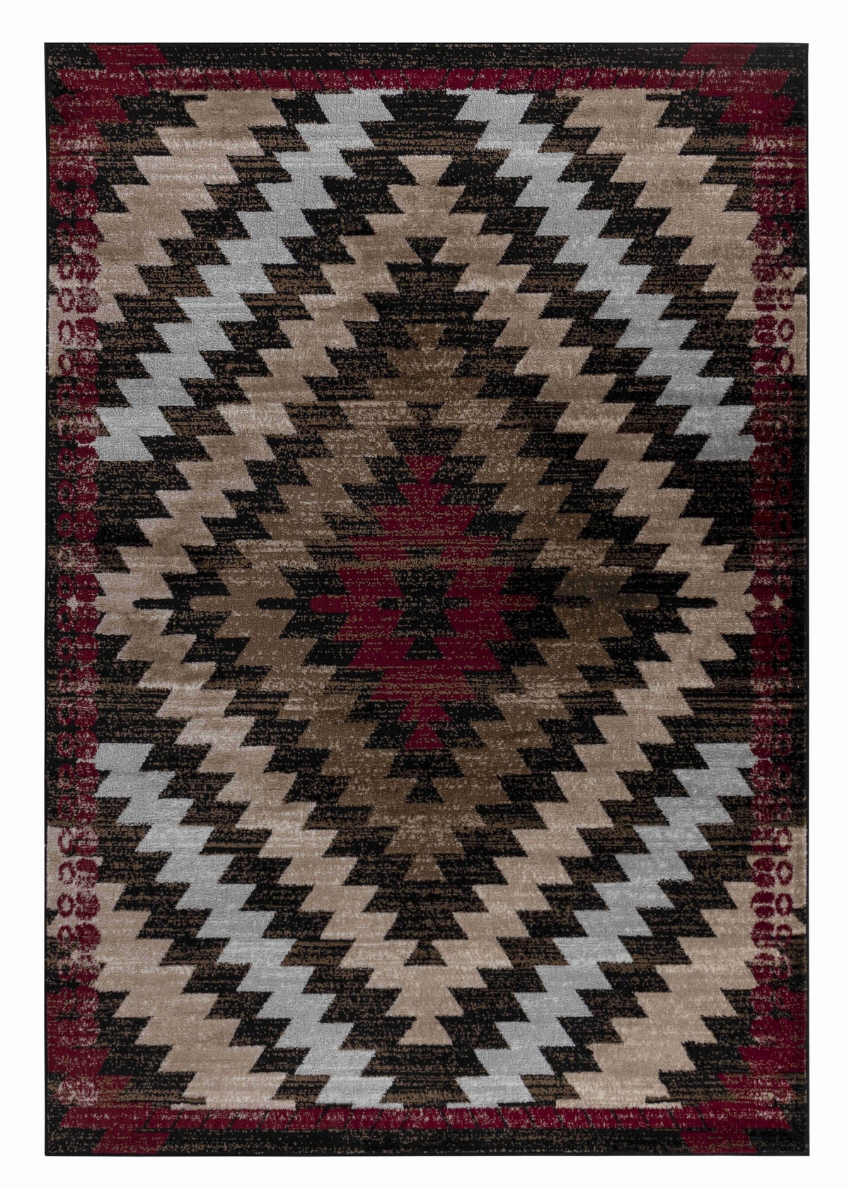 Tapis Zuni géométrique traditionnel marron et rouge