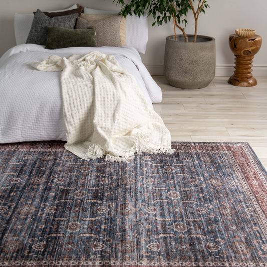 Basima Persian Floral Traditional Blue and Brown Indoor Rug