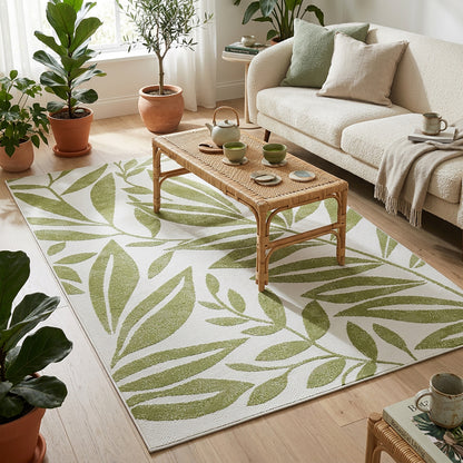 Botanical Modern Weiss and Green Outdoor Rug