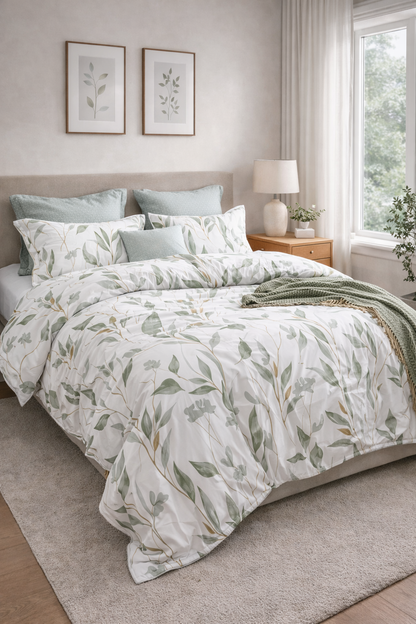 100% Cotton White and Green Duvet Cover Set