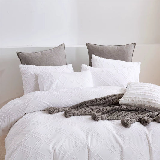 100% Tufted Jacquard Micro White Duvet Cover Set