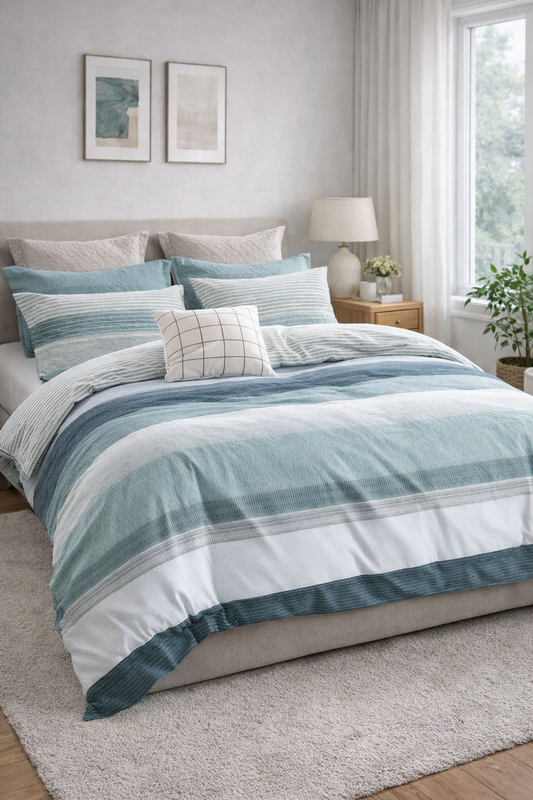 100% Cotton Grey, Blue and Charcoal Duvet Cover Set