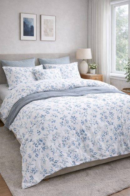 100% Cotton White and Blue Duvet Cover Set