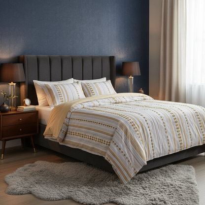 Textured 100% Cotton Ivory, Yellow and Grey Duvet Cover Set