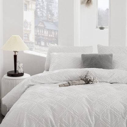 100% Tufted Jacquard Micro White Duvet Cover Set
