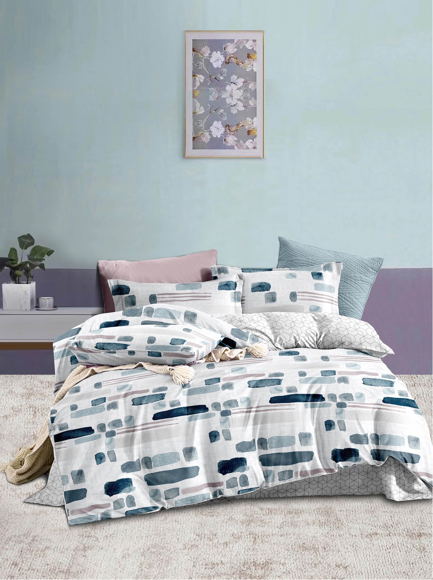 100% Jacquard Micro Grey and Blue Duvet Cover Set