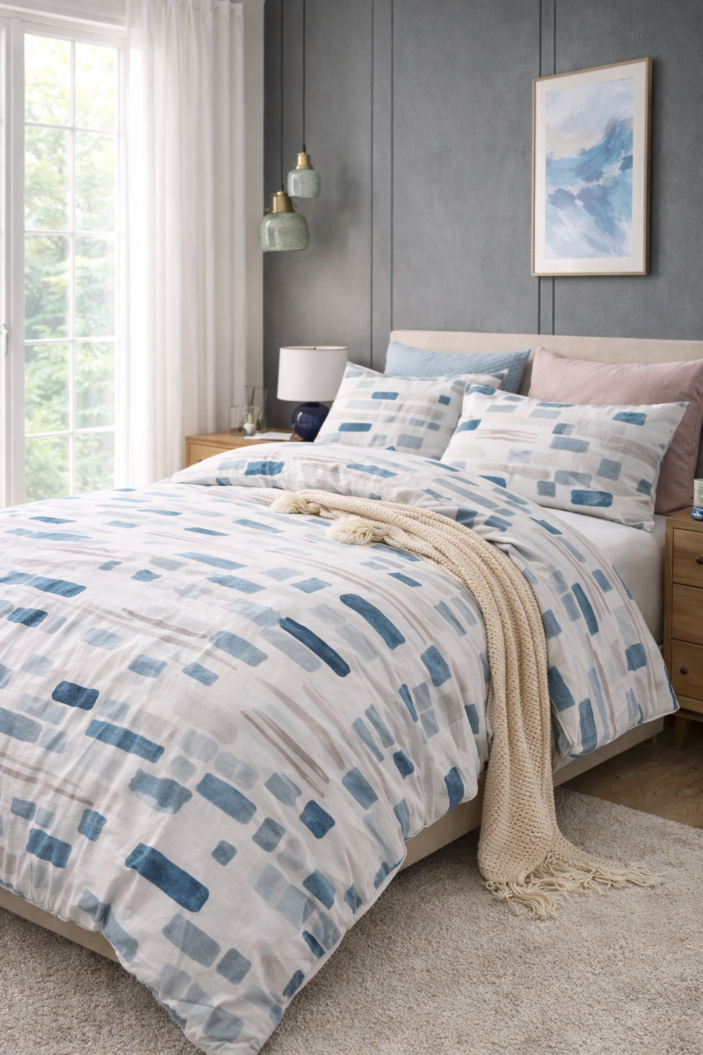 100% Jacquard Micro Grey and Blue Duvet Cover Set