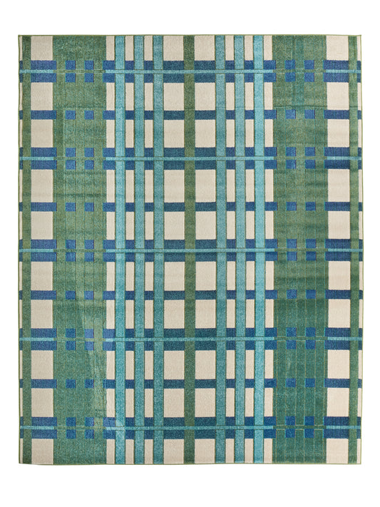 Mohair Plaid Mid-Century Modern Blue and White Area Rug