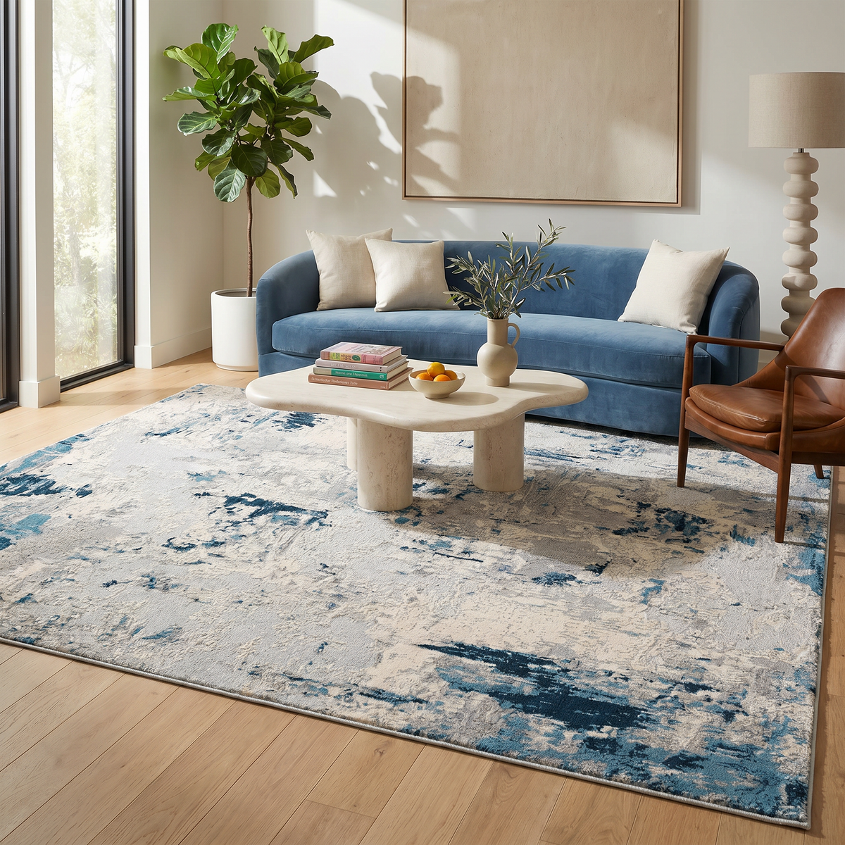 Amara Abstract Contemporary Blue and Cream Indoor Rug