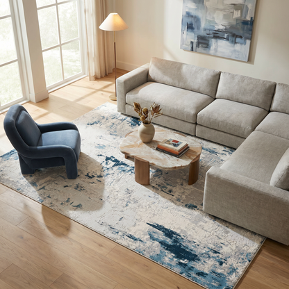 Amara Abstract Contemporary Blue and Cream Indoor Rug