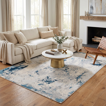 Amara Abstract Contemporary Blue and Cream Indoor Rug
