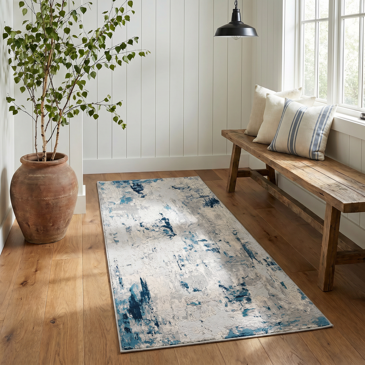 Amara Abstract Contemporary Blue and Cream Indoor Rug