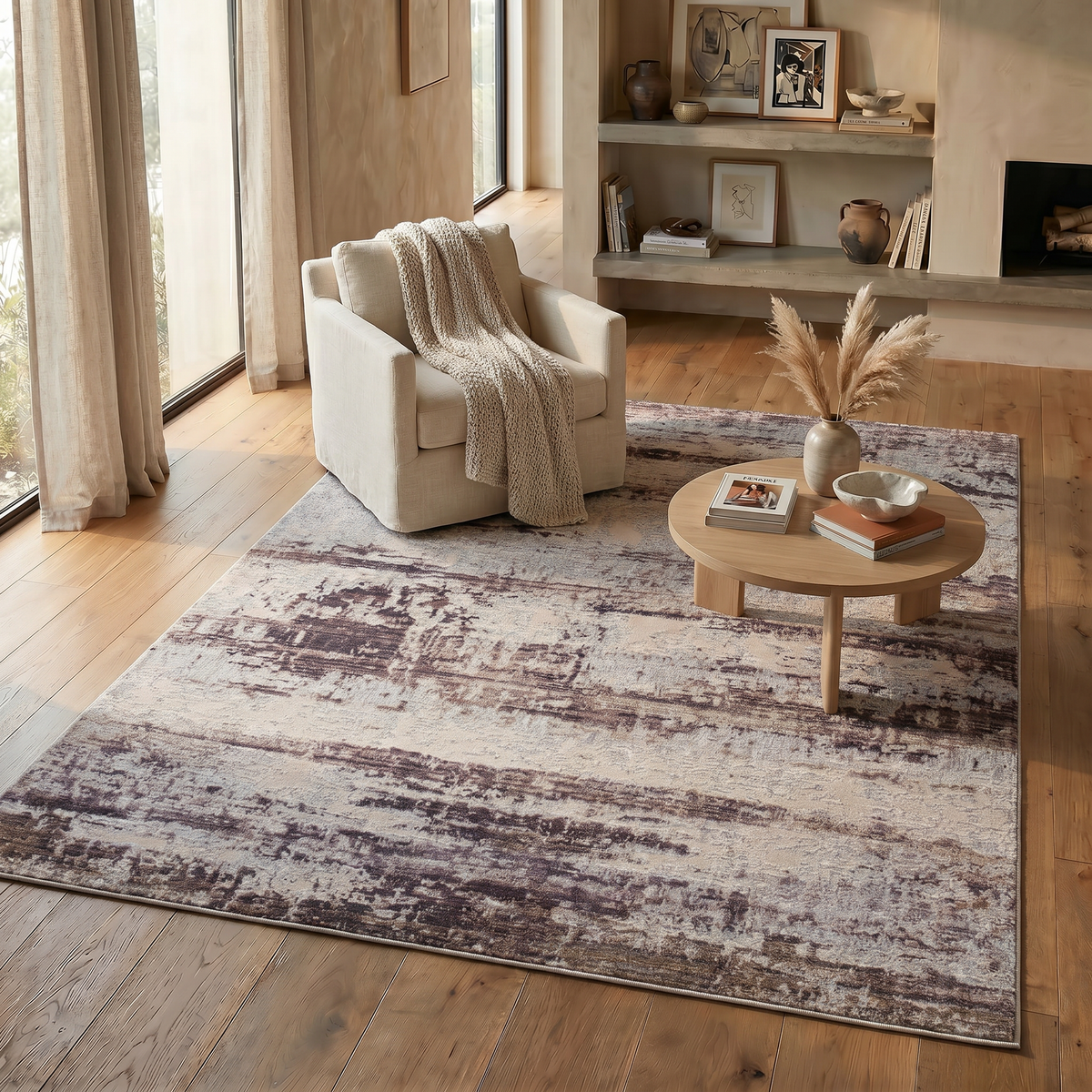 Alfombra de Interior Abstracta Contemporánea Terrana Violeta y Beige